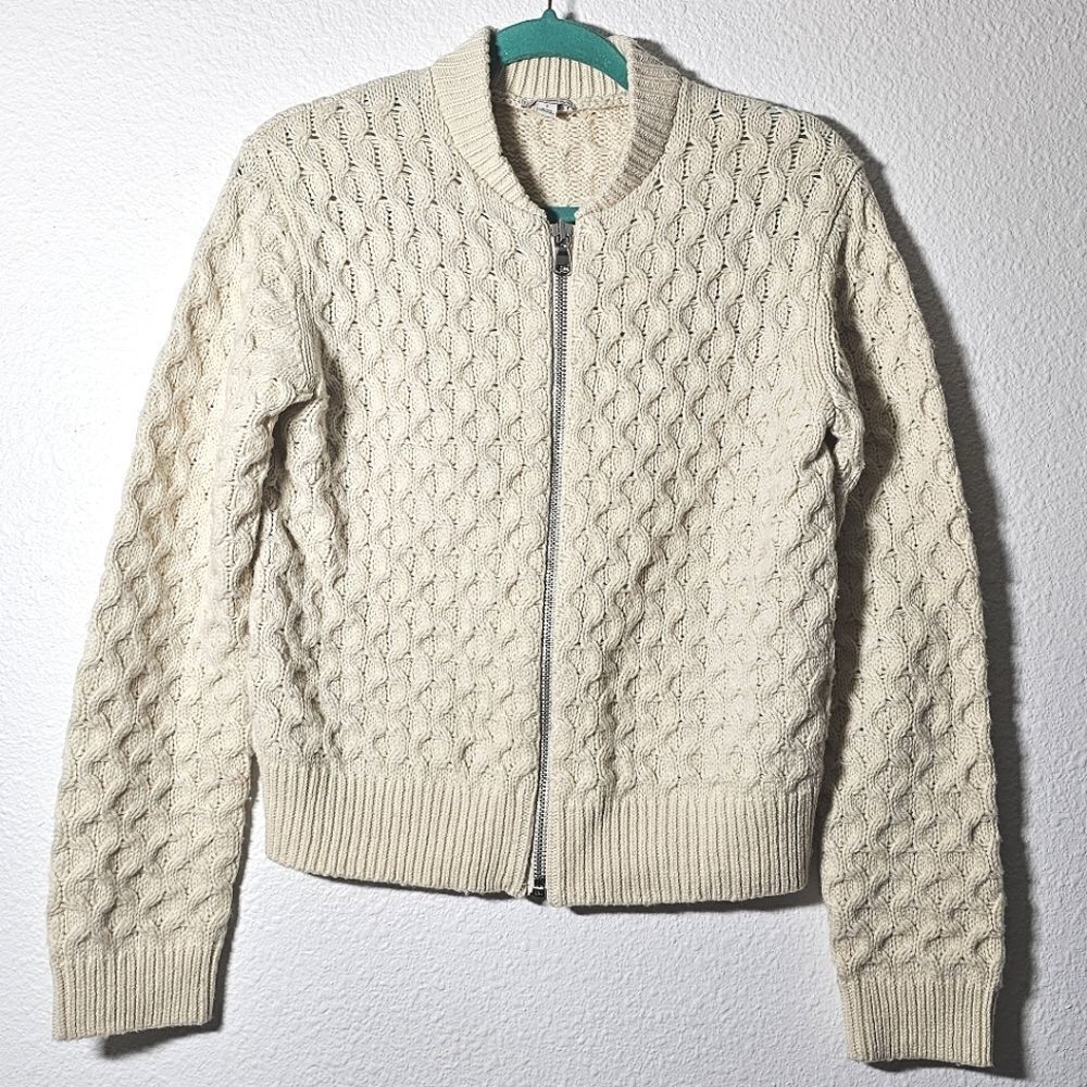 Gap small off white cream spaced cable knit zip up wool sweater
